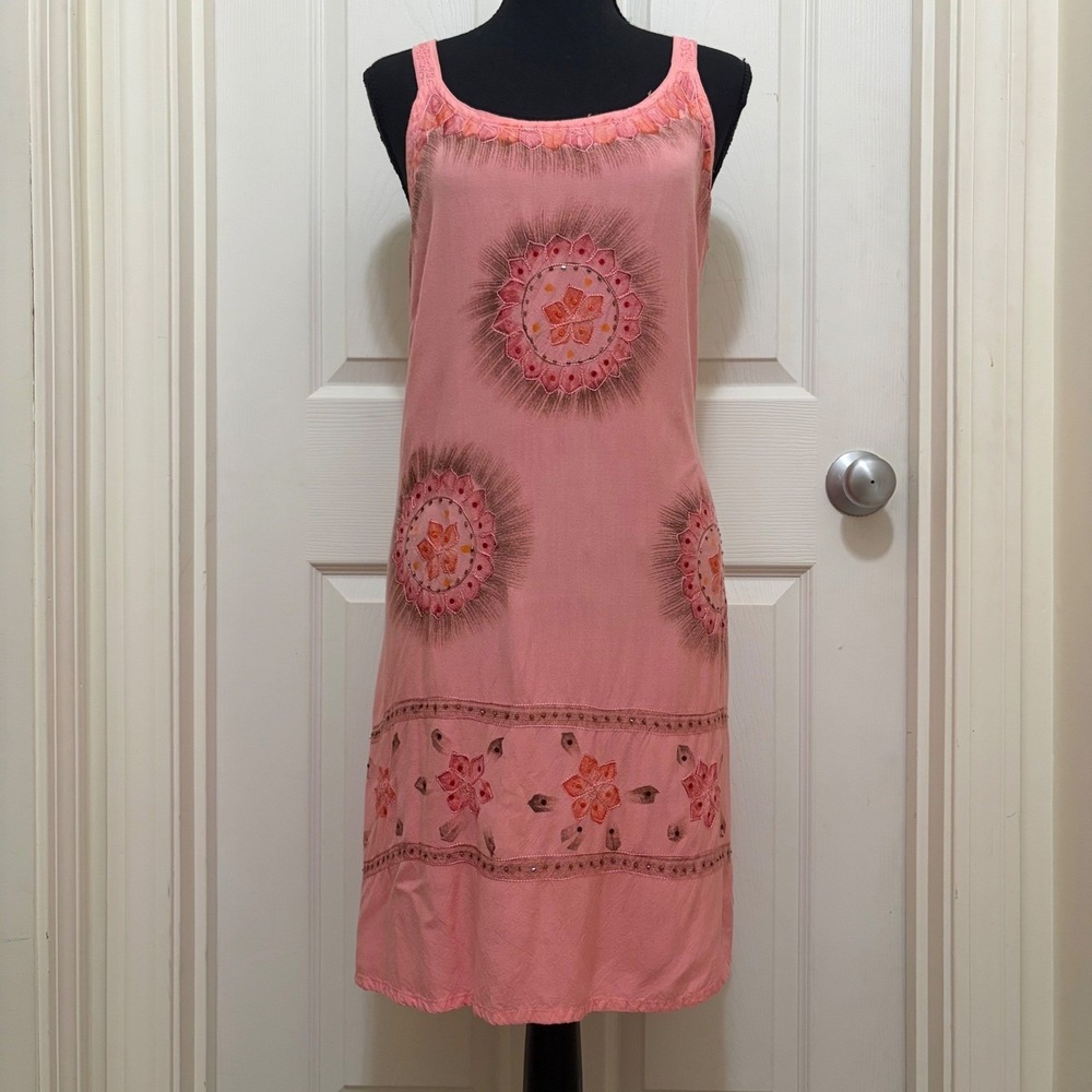 Raya Sun Sleeveless‎ Dress Pink L Embroidered Sequin Festival Summer Beach Boho